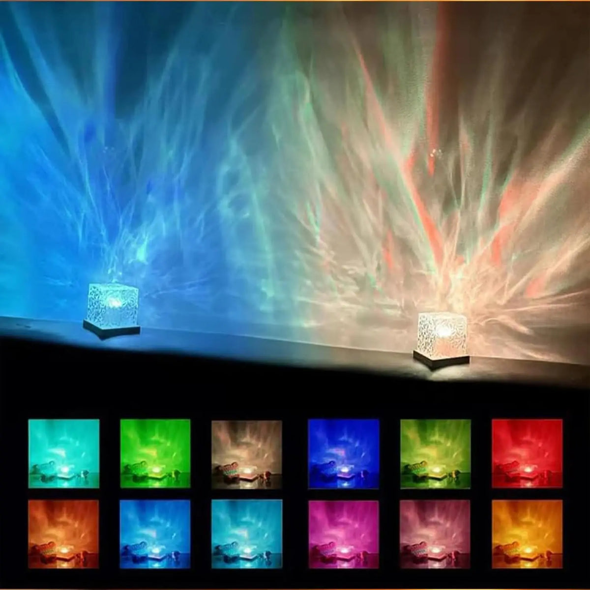 A 16-color water ripple projector displays vibrant light patterns on a dark surface.