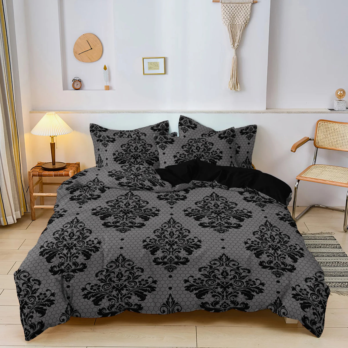 Gray and Black Damask Print Duvet Cover Set with Honeycomb Motif