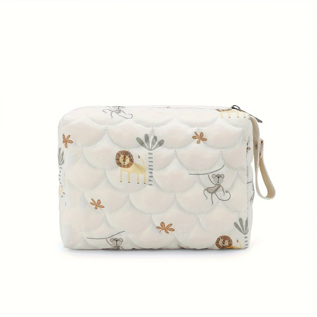 A cream-colored quilted baby diaper caddy organizer with a subtle rainbow print design.