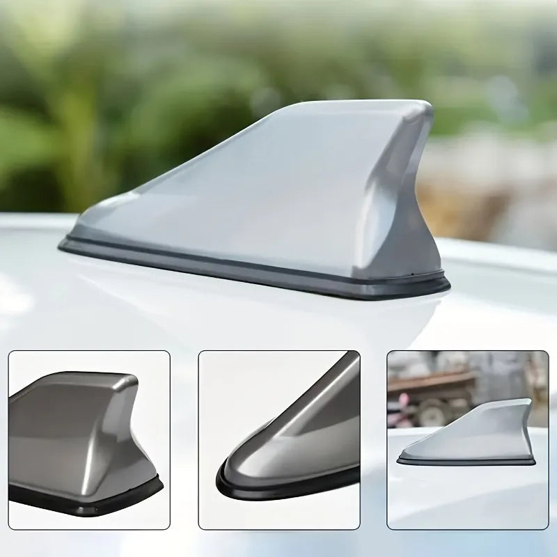 A silver aerodynamic shark fin car antenna with a signal amplifier shown in multiple angles.