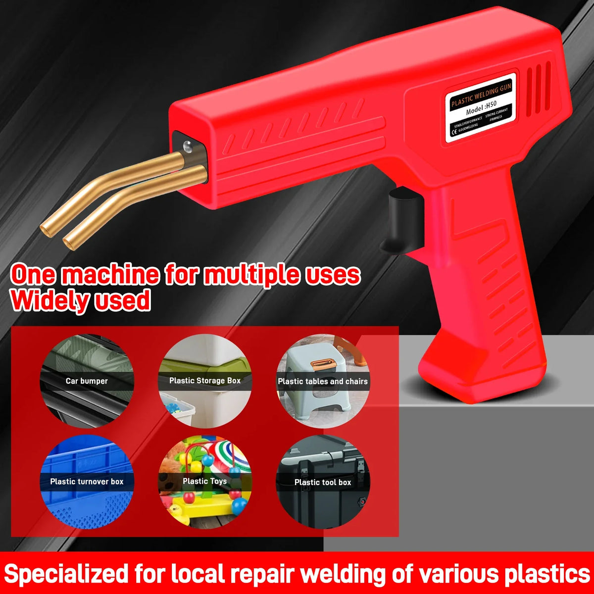 Red plastic welding gun used for local repair welding of various plastics like car bumpers and storage boxes