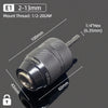 A close-up view of a drill chuck with a 2-13mm mount thread and a 1/4" hex adapter.