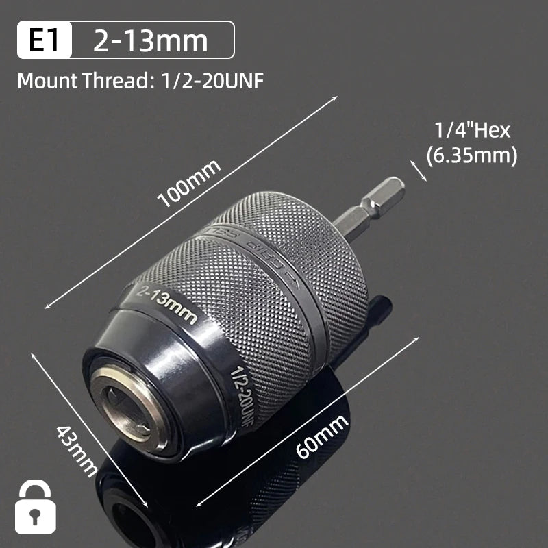 A close-up view of a drill chuck with a 2-13mm mount thread and a 1/4" hex adapter.