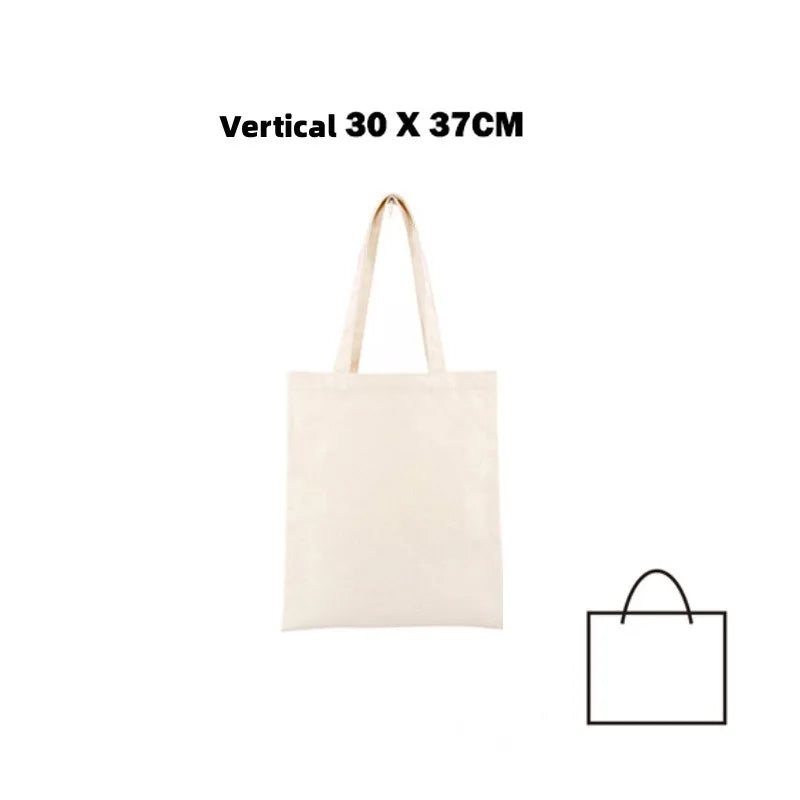 A beige canvas shopping tote bag shown vertically with a handle.