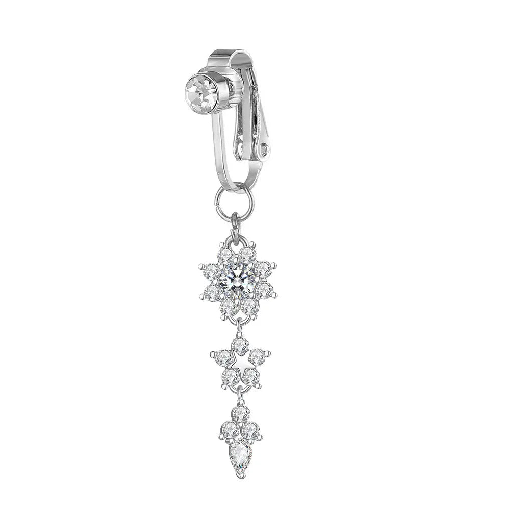 Anillo para ombligo tipo clip de mariposa plateado con piedra de circonita rosa.