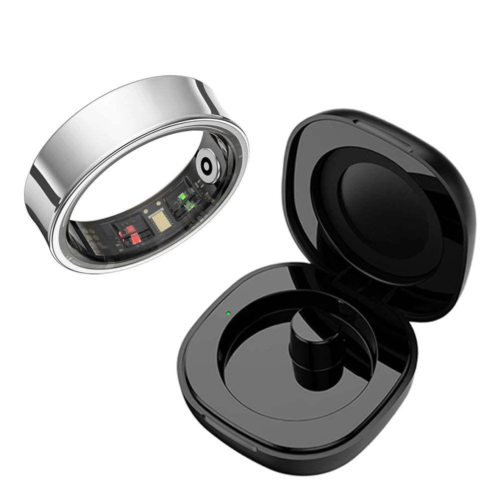 A sleek stainless steel smart ring with health and activity tracking features, shown in both closed and open views.