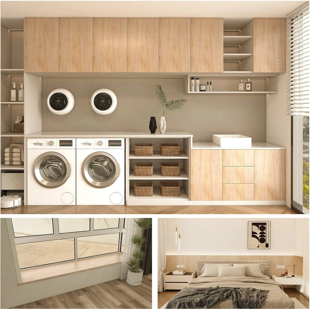 A modern kitchen featuring light wood cabinetry and appliances, with a bedroom area visible in the foreground.
