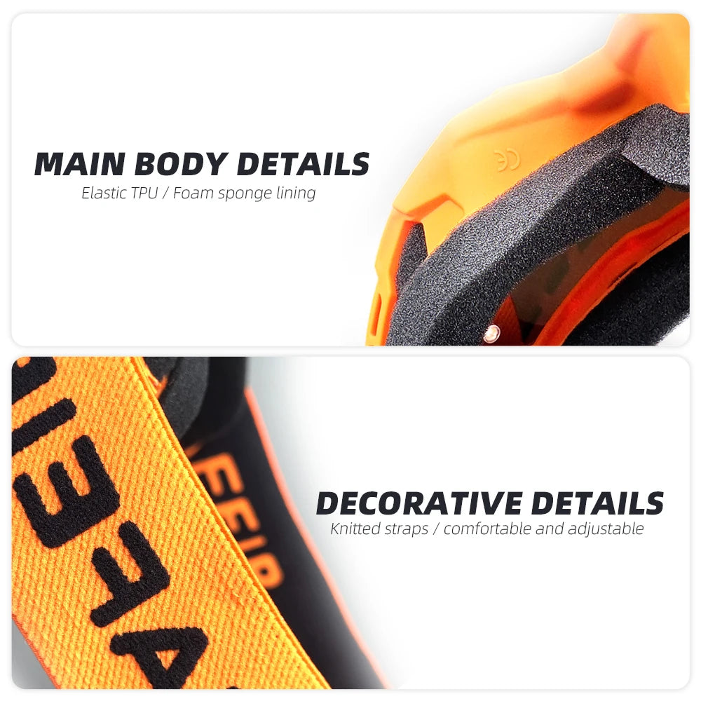Close-up view of professional MX off-road goggles showing main body details and decorative knitted straps