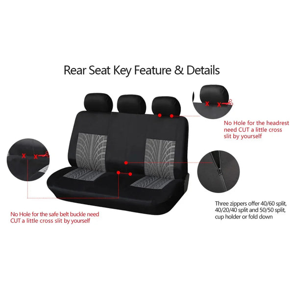 Rear seat key features and details showing slots for headrests, seat belts, and zippers on a black car seat cover.