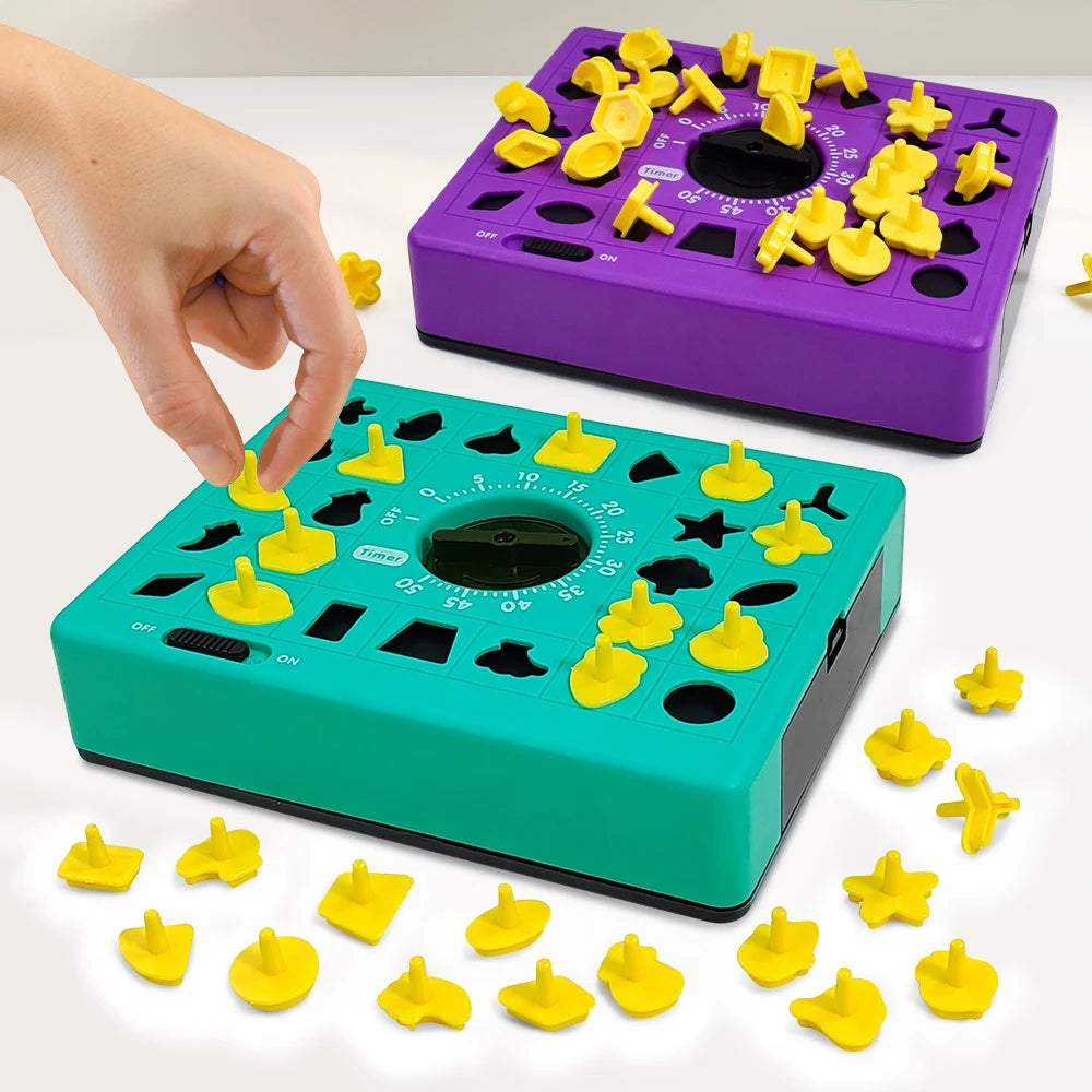 A hand is interacting with a purple shape matching puzzle game, showing yellow puzzle pieces on the board.