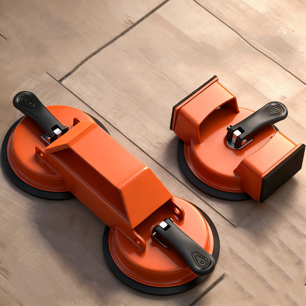 An orange floor gap repair tool with a suction cup is shown on a wooden floor.