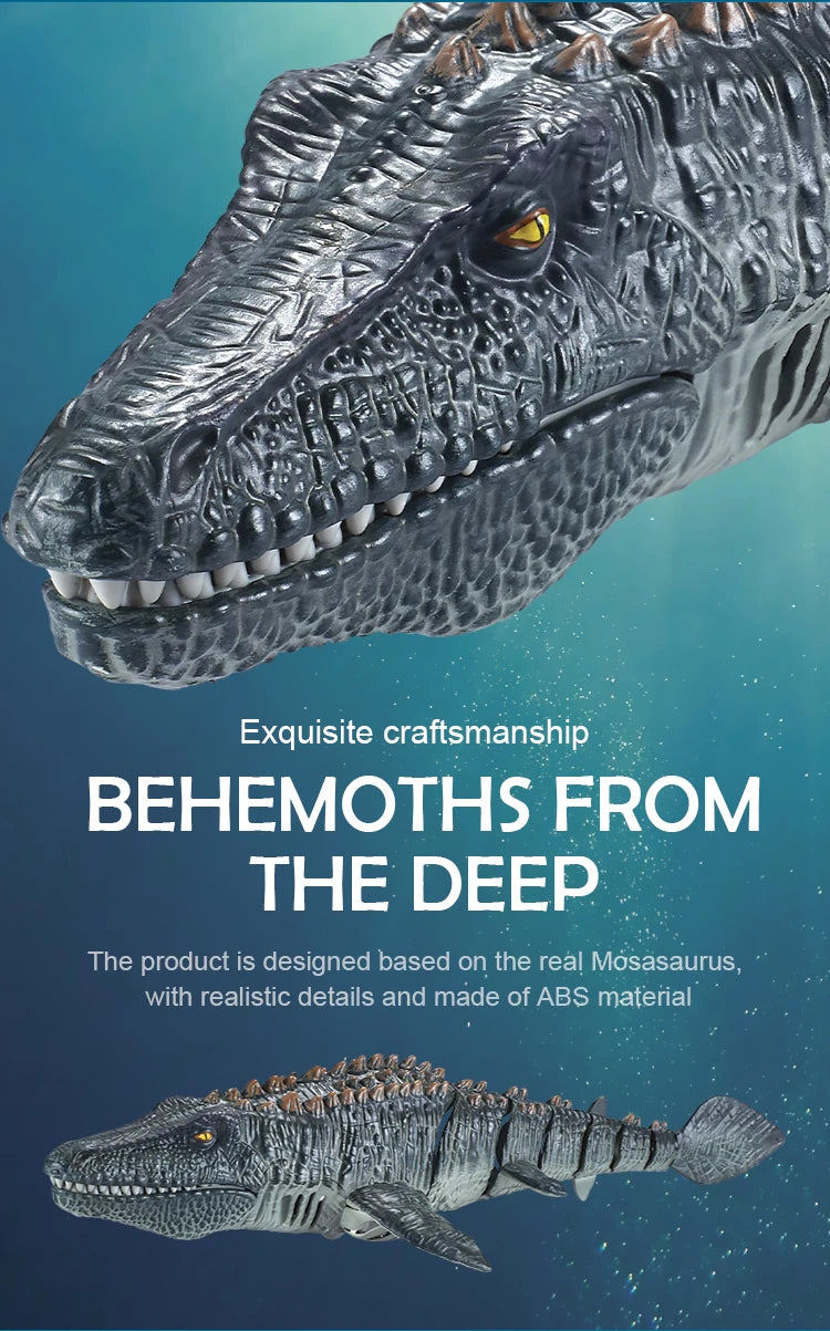 A realistic gray Mosasaur toy crafted from ABS material, shown in close-up detail.