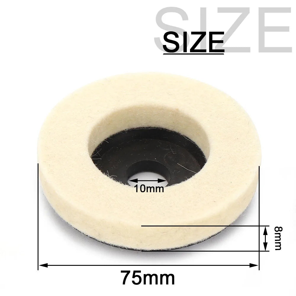 A round, light beige wool polishing wheel with a 10mm center hole and an 8mm thickness, shown against a white background.