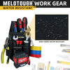 A black tool pouch with a belt clip is shown alongside various tools and a fabric swatch demonstrating water resistance.