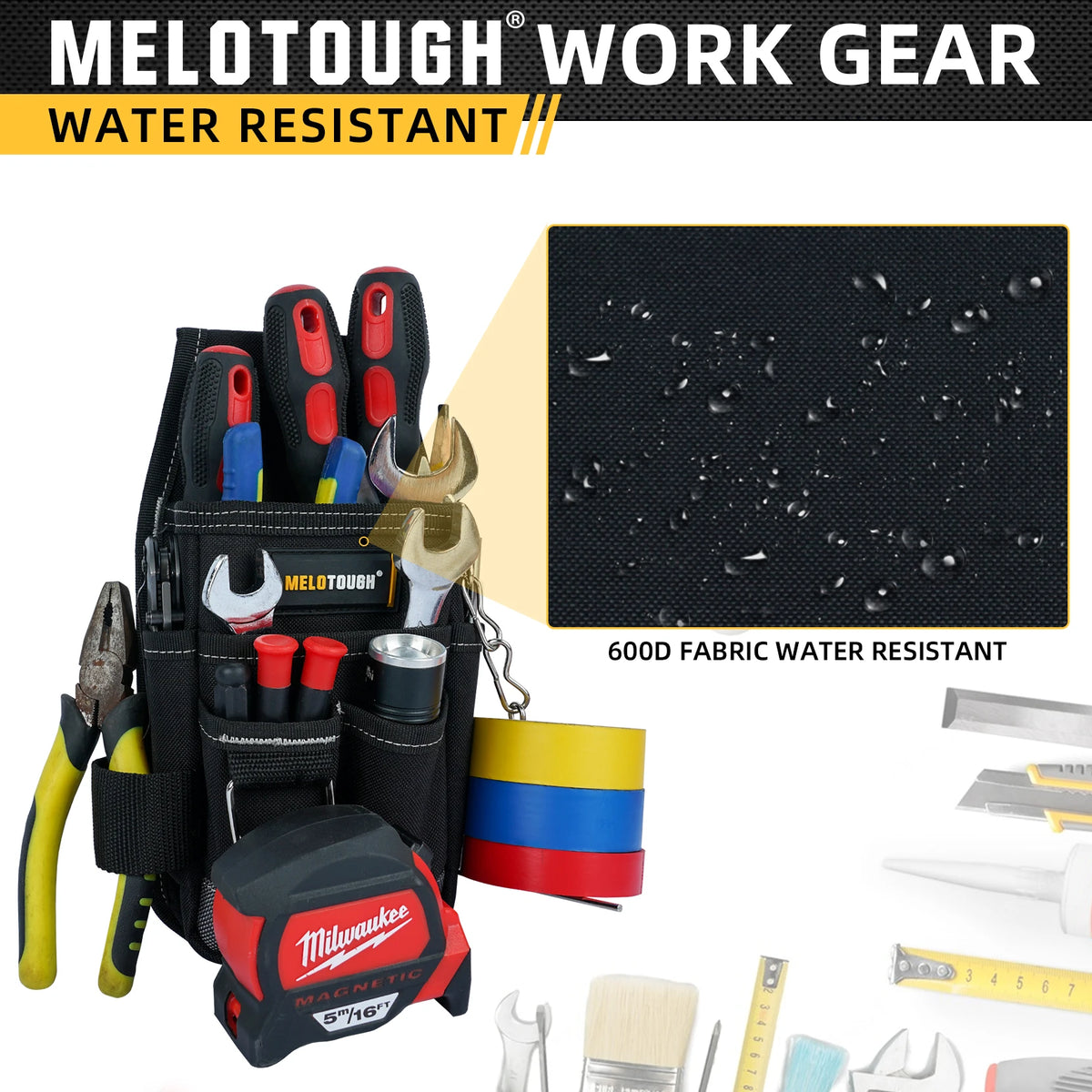 A black tool pouch with a belt clip is shown alongside various tools and a fabric swatch demonstrating water resistance.