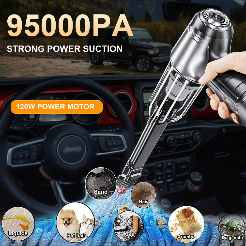 A handheld vacuum cleaner is shown with a strong suction power rating and various debris types like sand hair soot and crumbs