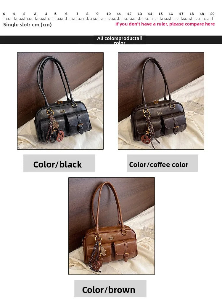Women's Retro PU Leather Shoulder Bag with Multiple Pockets & Detachable Charm