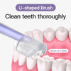A U-shaped silicone toothbrush is shown cleaning teeth on a model mouth, demonstrating thorough cleaning.