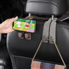 A hand holds a smartphone with cartoon characters, demonstrating a universal car seat back storage hook.