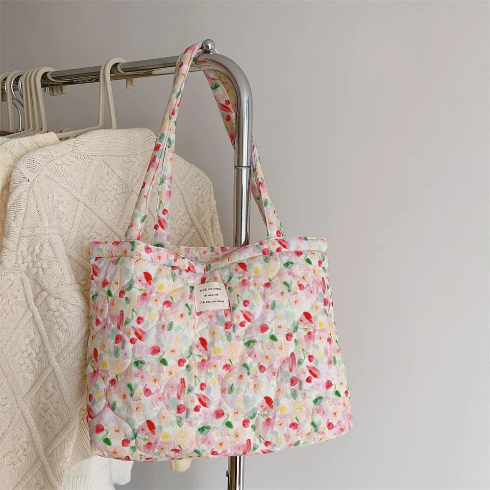 Quilted Floral Cotton Tote Bag with Padded Handle