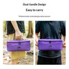 Purple dual-handle storage bag for camping tableware shown being carried by a person outdoors.