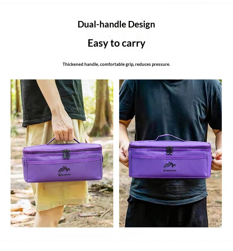 Purple dual-handle storage bag for camping tableware shown being carried by a person outdoors.