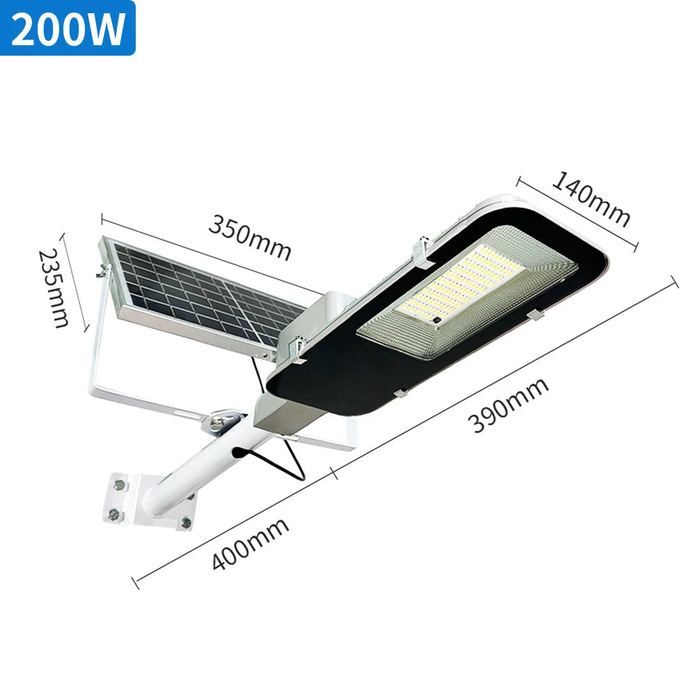 A solar street light fixture with a solar panel and light, mounted on an adjustable arm.