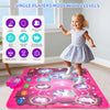 A young girl is playing on a pink interactive music dance mat with lights, surrounded by various game levels.