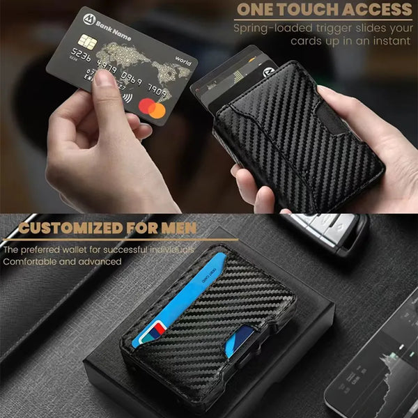 A black textured card wallet is shown being used for one-touch access, next to a smartphone.