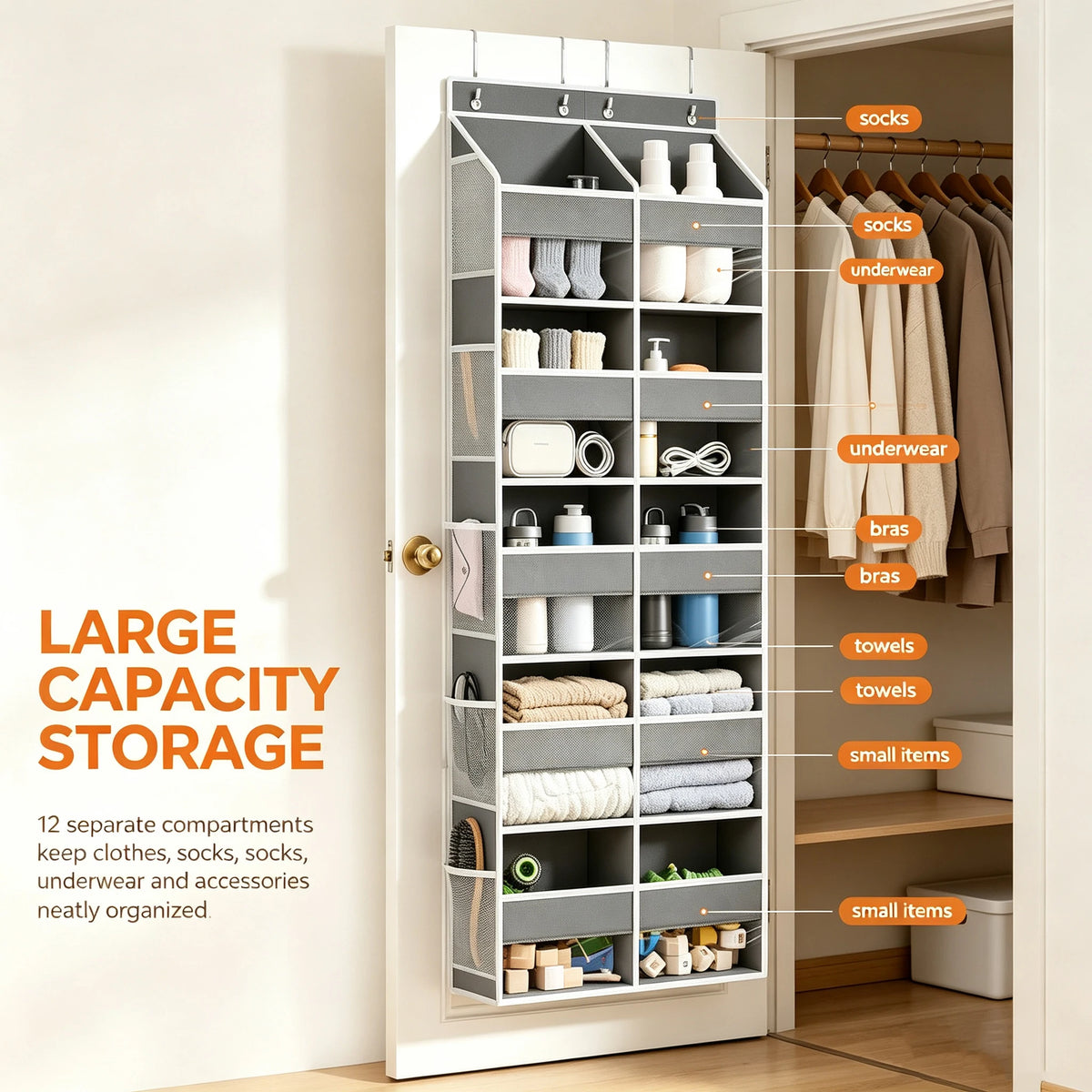 A white storage cabinet with multiple compartments for organizing socks, underwear, bras, towels, and small items.
