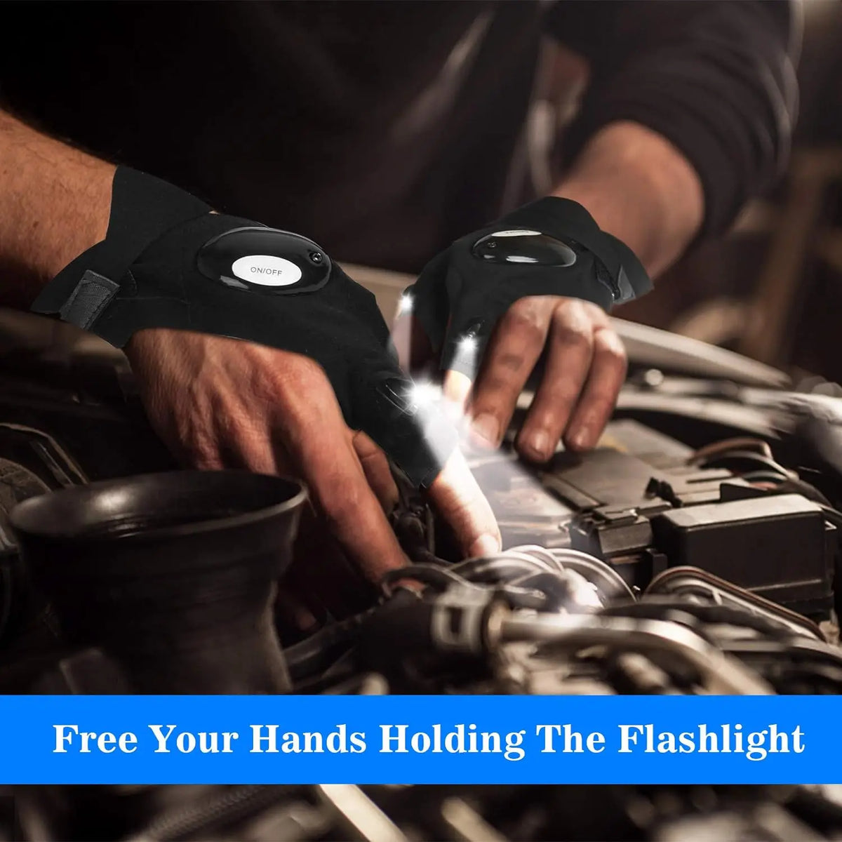 A person is using waterproof LED half-finger gloves to illuminate a part of an engine or machinery.
