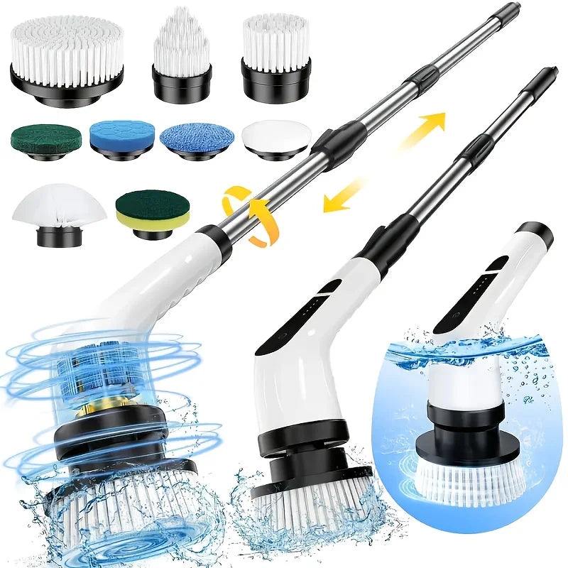 A set of cordless electric spin scrubbers with various brush heads shown in different angles.