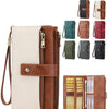 A beige and brown leather long wallet with a zipper closure and RFID protection features multiple card slots.
