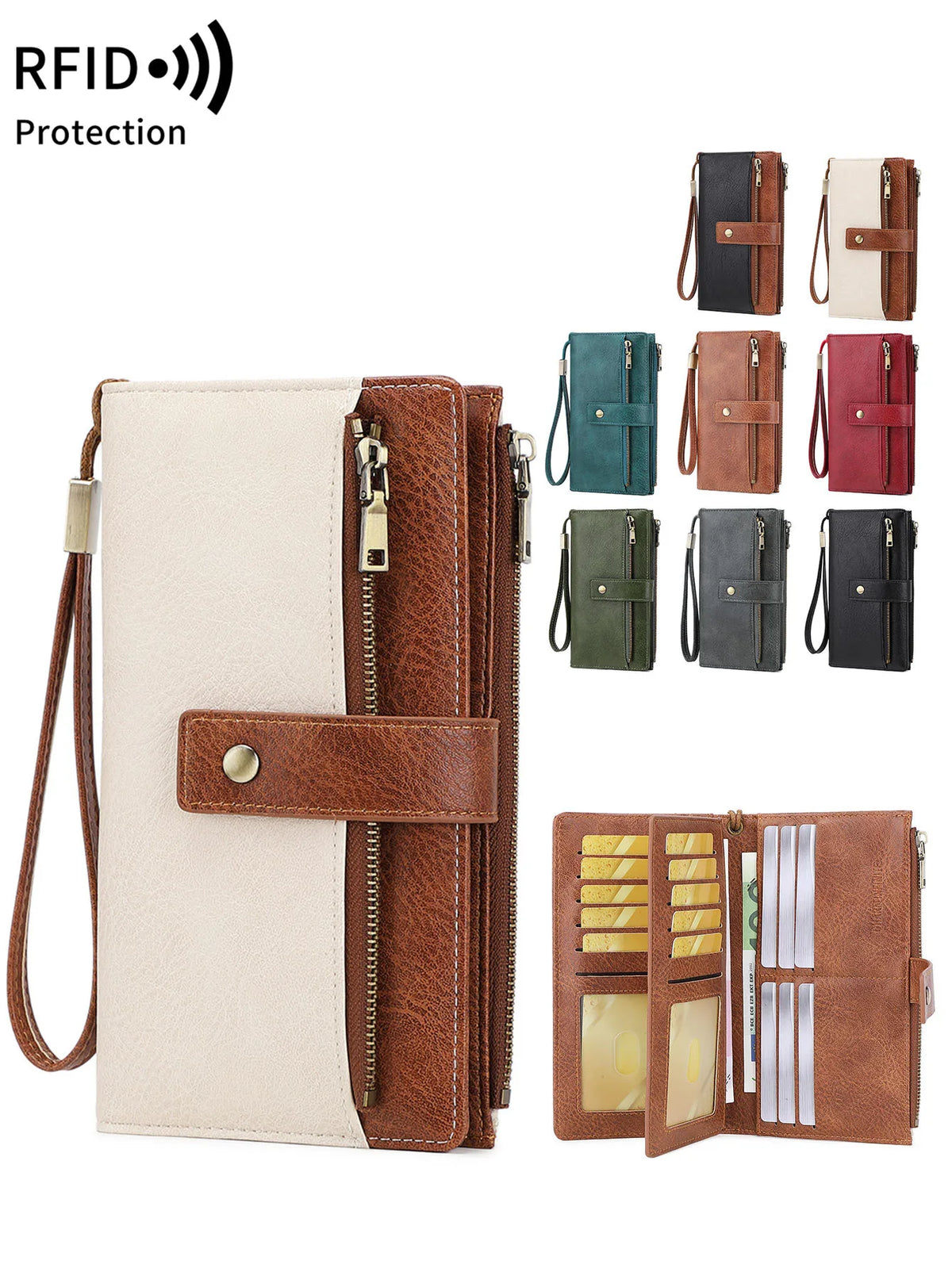 A beige and brown leather long wallet with a zipper closure and RFID protection features multiple card slots.