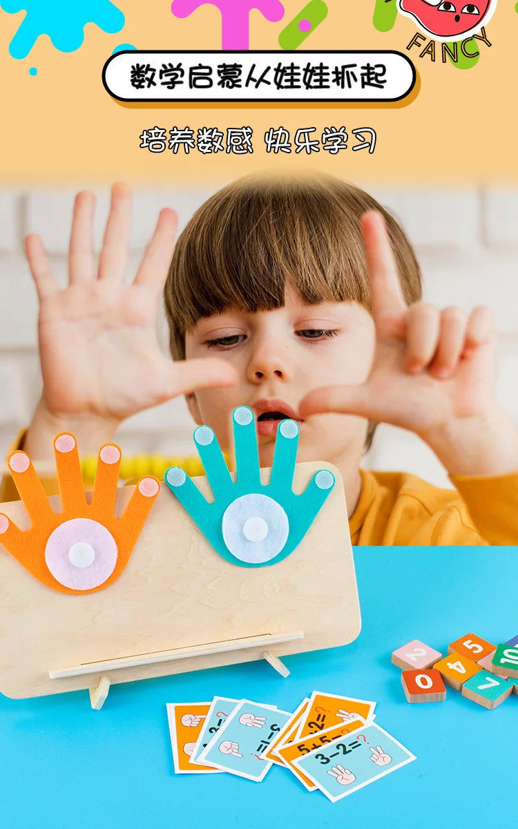 A child demonstrates counting skills using wooden fingers and number blocks on a table.