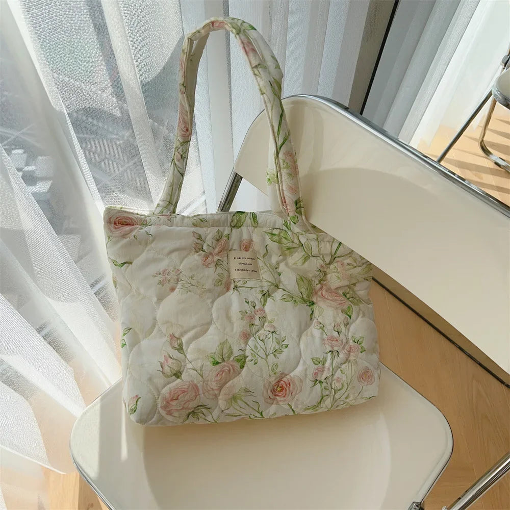 Quilted Floral Cotton Tote Bag with Padded Handle