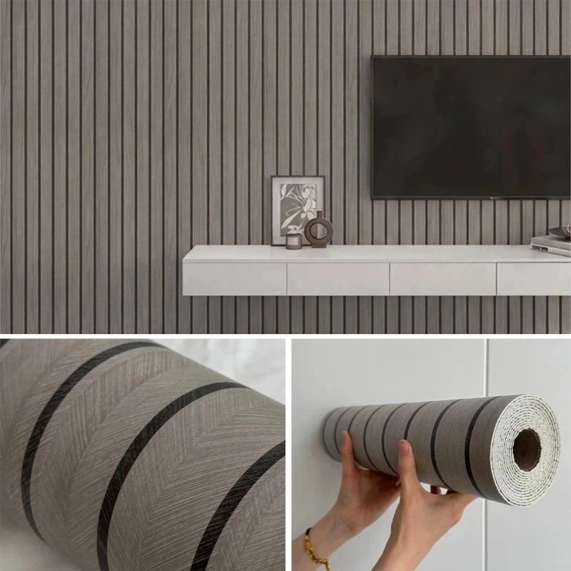 Roll of self-adhesive wood grain wallpaper featuring dark stripes for wall decoration