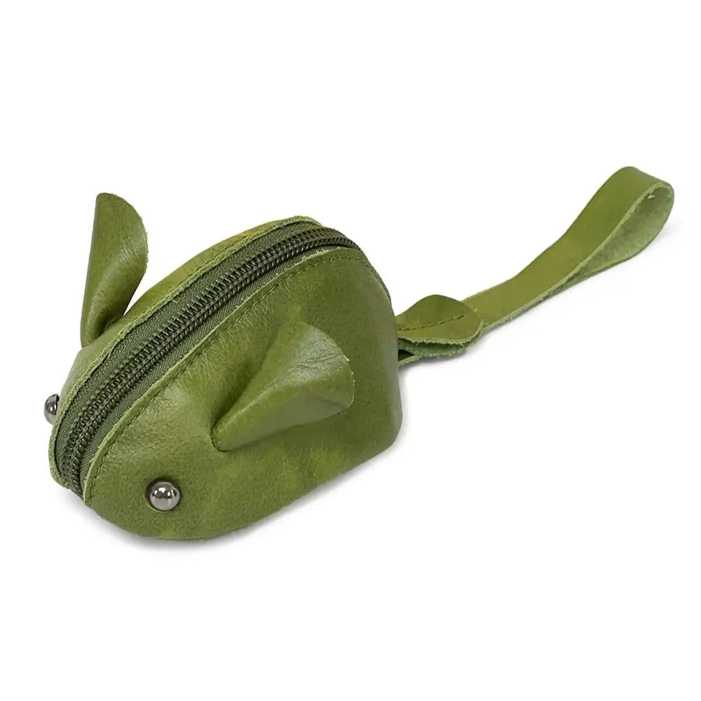 A genuine leather cartoon mouse coin purse in olive green color.