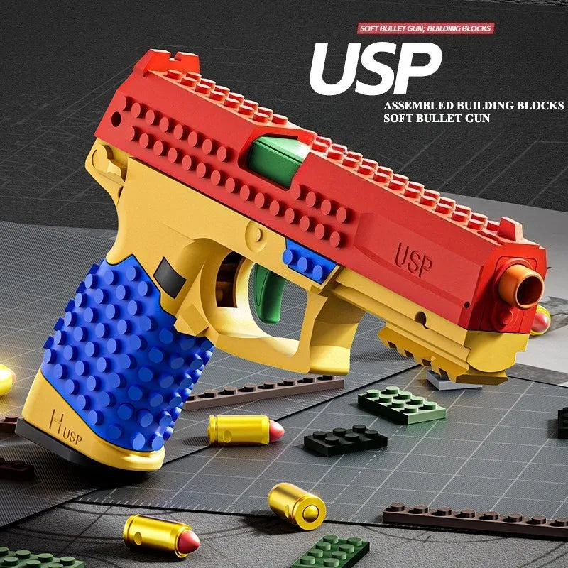 A red and gold building block toy pistol with a blue grip and shell ejecting action is displayed on a dark surface.