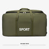 Olive green heavy-duty waterproof travel duffel bag with a brown handle and the word SPORT printed on the front.