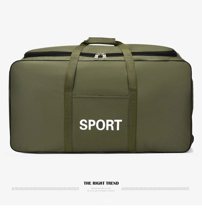 Olive green heavy-duty waterproof travel duffel bag with a brown handle and the word SPORT printed on the front.