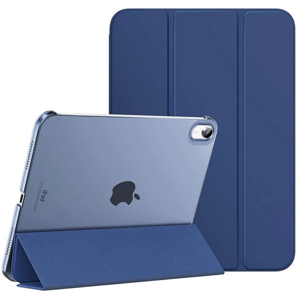 A blue slim stand case for an iPad showing the device in a protective cover.