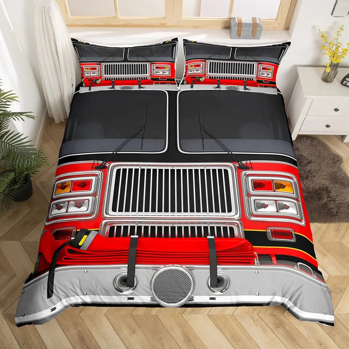 A red and black firefighter themed duvet cover set featuring honeycomb and fire engine designs.