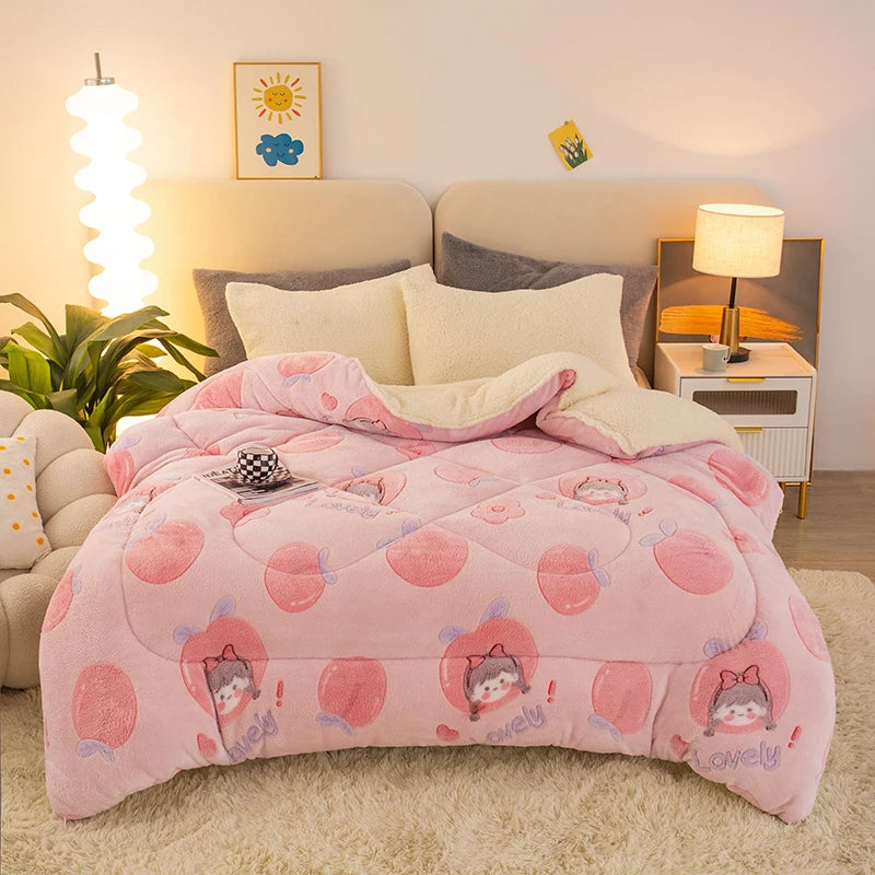 A pink plush throw blanket with cute animal designs is displayed on a light beige rug next to a bed.