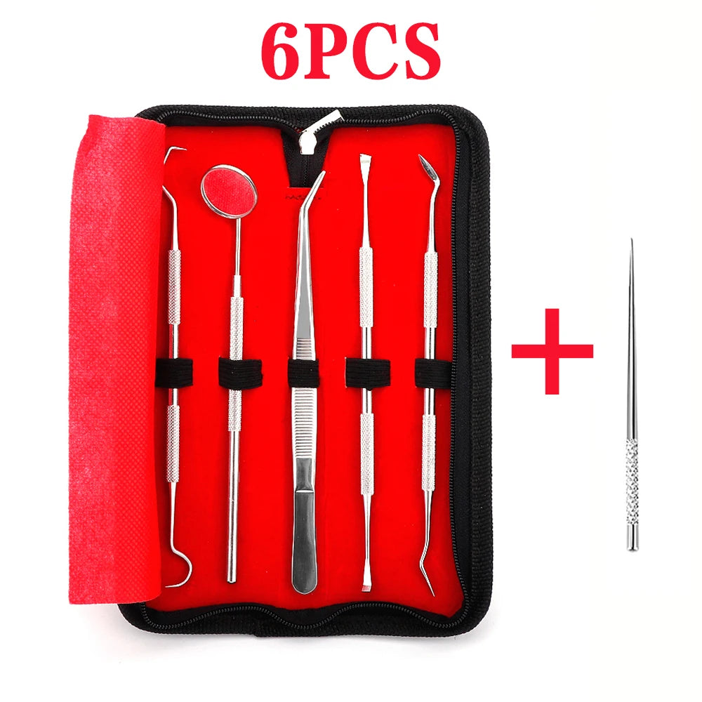 A set of six stainless steel dental care tools, including spoons and picks, packaged in a black case.