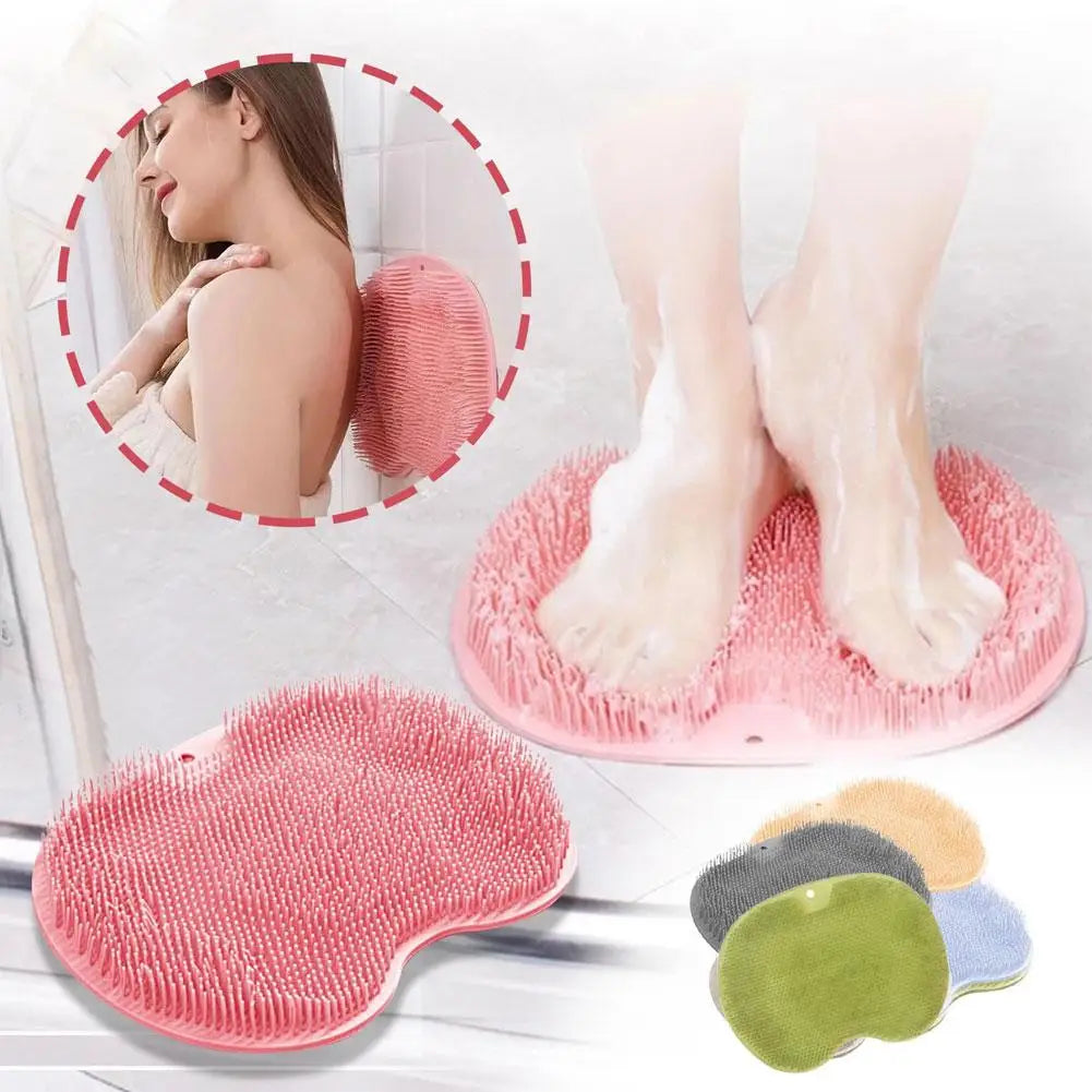Ergonomic silicone foot scrubber with a pink suction base and various colored exfoliating pads.