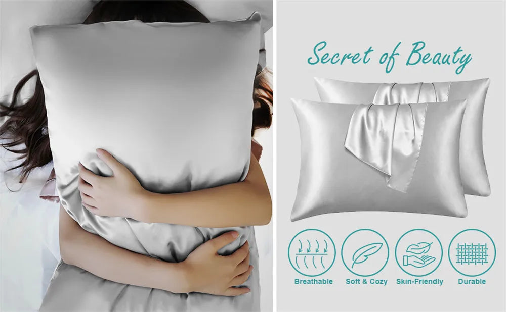 A close-up of a silky satin pillowcase with a decorative sash, showing breathable, soft, skin-friendly, and durable features.