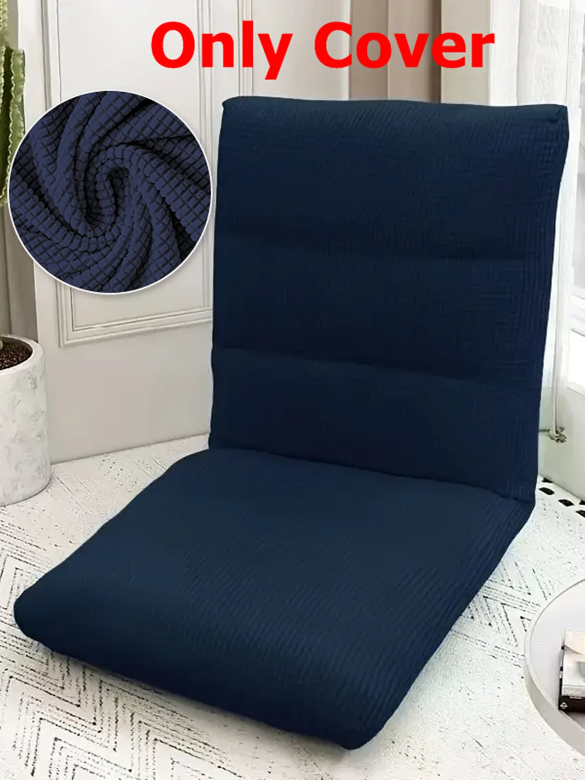 Dark blue foldable floor sofa cover for a single seat or lounger displayed on a white floor.