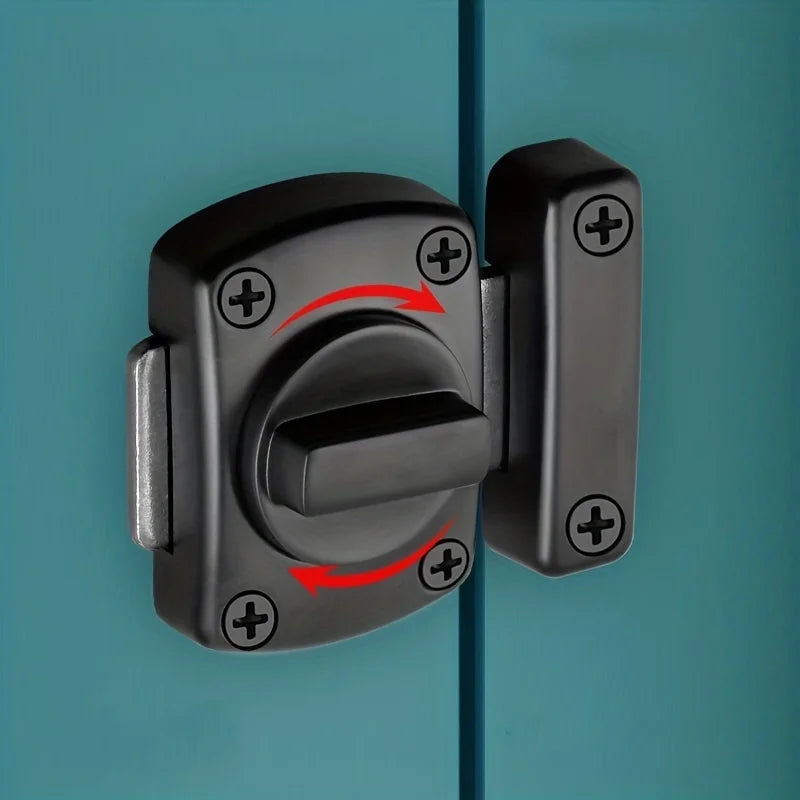 A close-up of a heavy-duty swivel bolt door lock in black, mounted on a teal door surface.