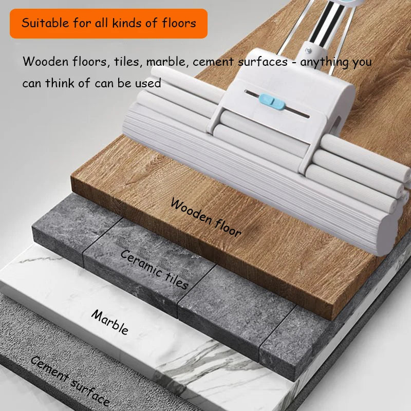 A white replacement sponge mop head with a squeeze action is shown resting on various flooring surfaces like wood, ceramic ti